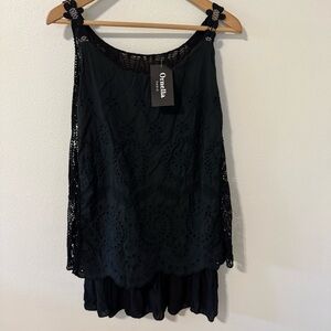 Ornella Paris Eyelet Lace Overlay Tank Crochet Floral Straps Italy Fairy NWT-M